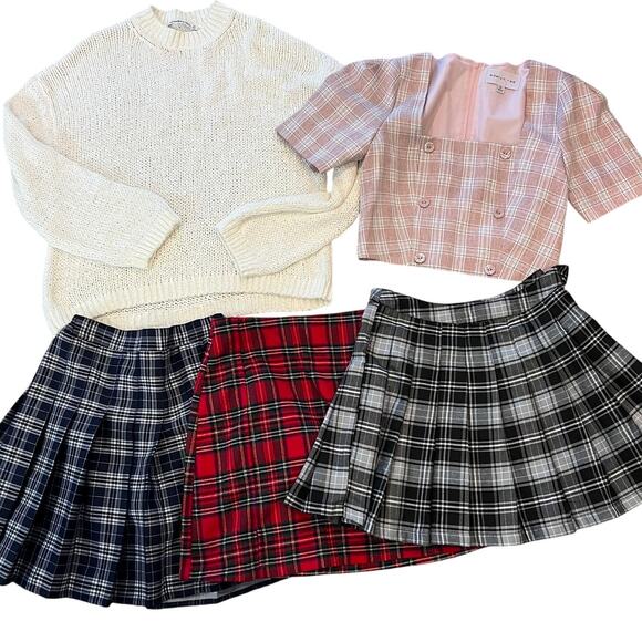 Academia Style Bundle Plaid Pleated Mini Skirts and Tops size XS - Picture 1 of 5